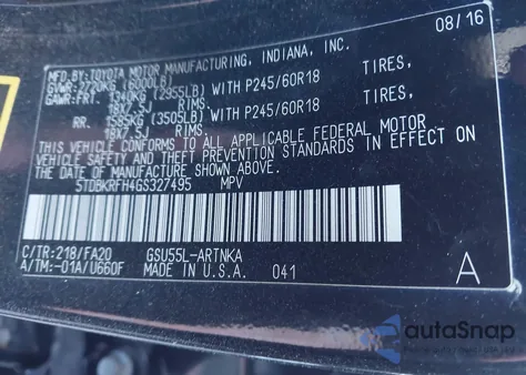 2016 Toyota Highlander Le Plus V6 из США, поврежденный, VIN 5TDBKRFH4GS327495